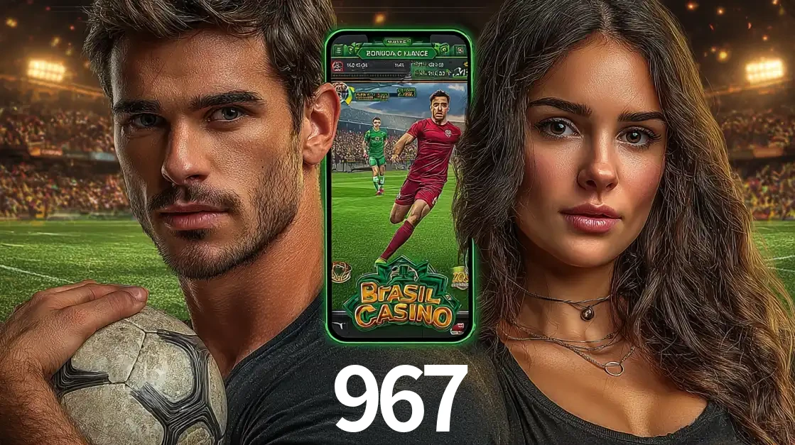 Homem segurando uma bola de futebol e uma mulher ao lado de um smartphone exibindo o jogo de apostas esportivas da 967. Faça seu palpite no cassino online.